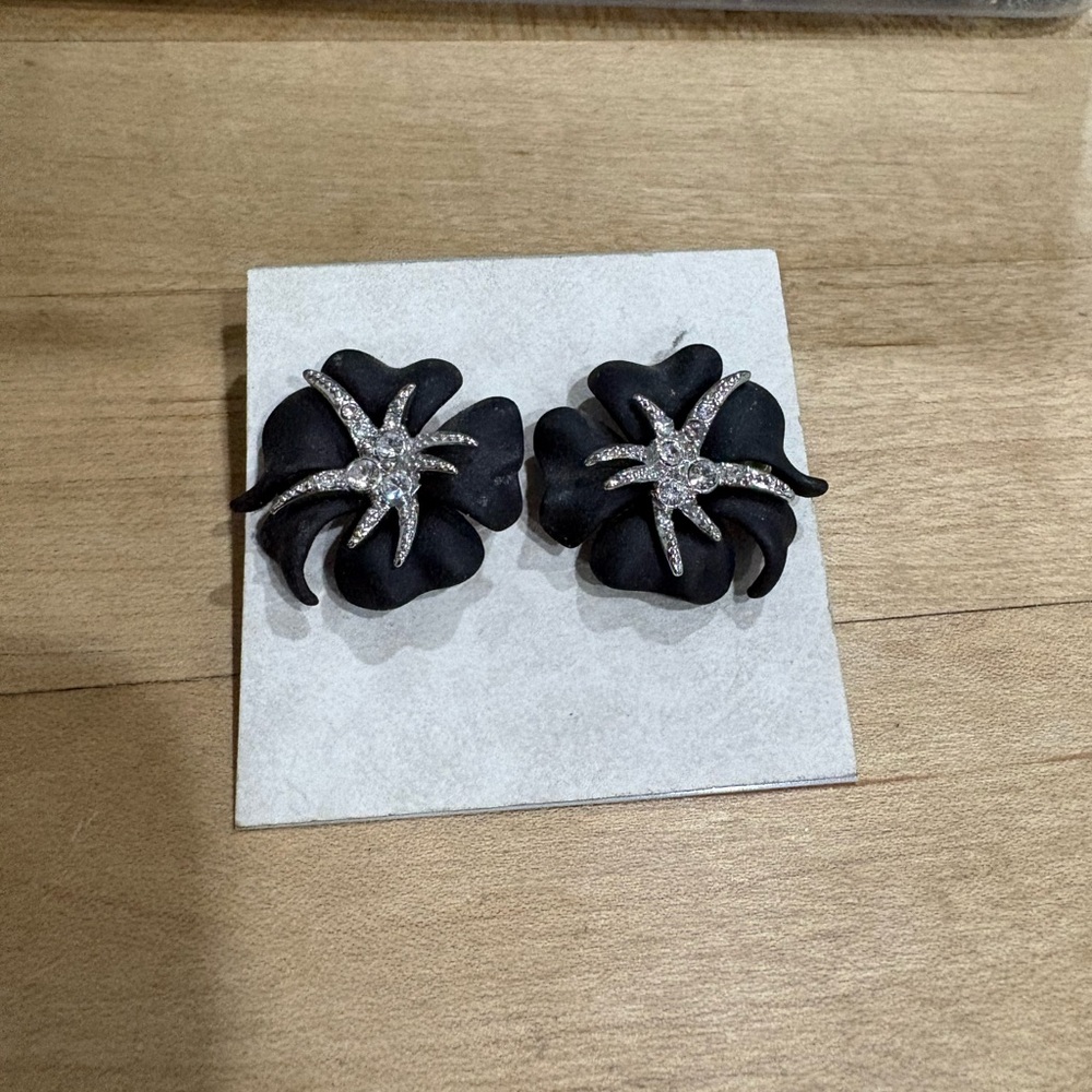 Black Floral Earrings with Silver Accents